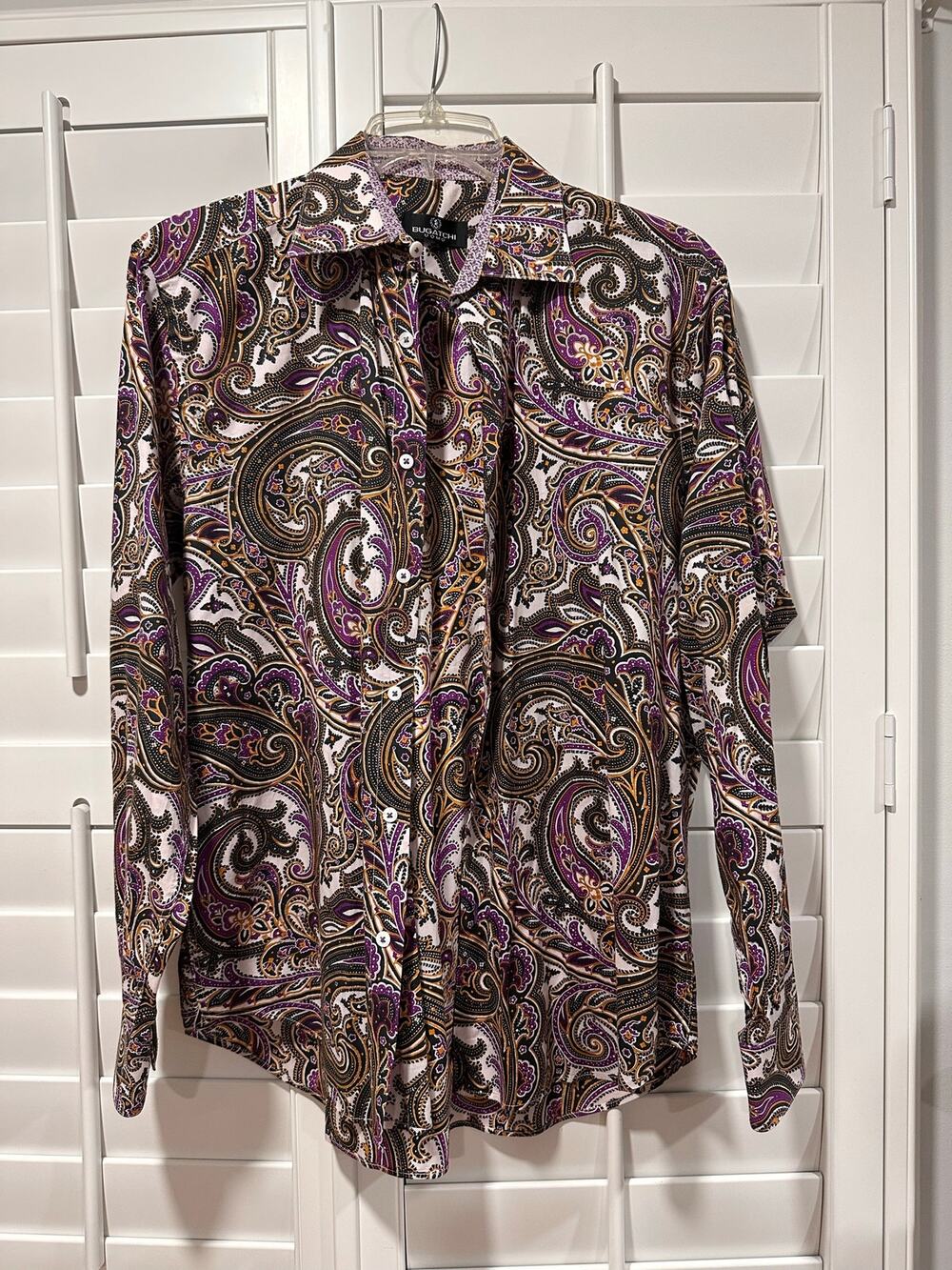 Bugatchi Uomo Men’s Paisley Button-Up Shirt Purple Black Gold Long Sleeve Cotton